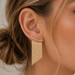 ゴールドチェーンフリンジイヤリング、シルバータッセルドロップイヤリング、ステートメントチェーンイヤリング、ロングダングルイヤリング、ミニマリストメタルイヤリング
