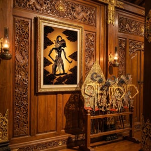 Può includere: Un'opera d'arte incorniciata con un burattino delle ombre Wayang su sfondo dorato, esposta su una parete di legno con intagli intricati. I burattini tradizionali indonesiani sono esposti su un supporto di legno.