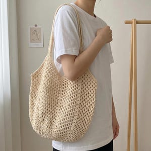 Handmade Cotton Crochet Tote Bag Hollow Open Mesh Shoulder Purse Casual Summer Beach Holiday Shopper Luxury Net Slouchy Hobo Handbag