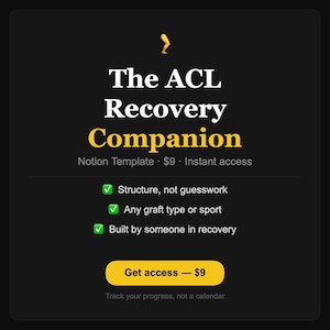 May include: A black graphic with the text "The ACL Recovery Companion" in white and yellow. The image promotes a Notion template for ACL recovery, with bullet points highlighting its features and a call to action button.