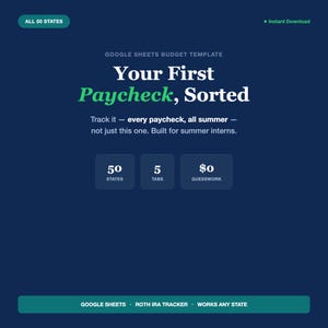 First Paycheck Budget Tracker | Summer Internship Take-Home Pay & Savings Planner | Google Sheets Template