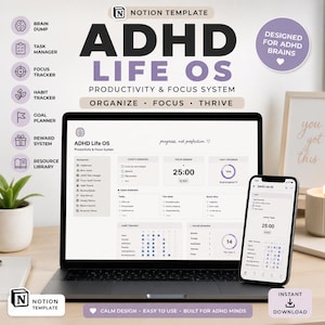 Può includere: Un modello Notion intitolato ADHD Life OS visualizzato sullo schermo di un portatile e di uno smartphone. L'interfaccia presenta strumenti di produttività tra cui un gestore di attività, un tracker di concentrazione e un pianificatore di obiettivi.