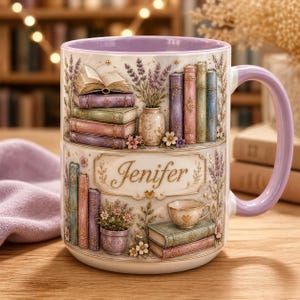 Può includere: Una grande tazza in ceramica con manico e bordo lilla, con un'illustrazione dettagliata di libri, fiori e il nome "Jenifer". Il design include pile di libri, un vaso di lavanda e una tazza da tè, il tutto in morbidi colori pastello.