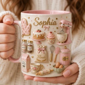 Personlig bakmugg, kaffekopp med eget namn för bagare, söt rosa köksmixermugg, present till bakälskare, mamma och bagare