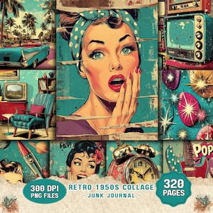 May include: A digital collage featuring 1950s-style illustrations including a woman with a polka-dot headscarf, a turquoise convertible, vintage televisions, a rocket ship, an alarm clock, and an electric guitar, labeled as a 320-page junk journal.