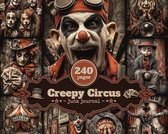 Könnte beinhalten: Ein Junk Journal mit dem Titel Creepy Circus mit 240 Seiten. Das Cover zeigt eine Collage aus Zirkusmotiven, darunter Clowns, eine Wahrsagerin mit einer Kristallkugel, ein Zirkuszelt und ein zentrales Porträt eines Clowns mit einer Schutzbrille.