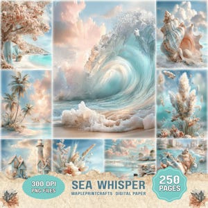 May include: A digital paper collection titled Sea Whisper featuring 250 pages of coastal imagery including a large ocean wave, seashells, palm trees, a lighthouse, and beach scenes in soft pastel blue, pink, and cream tones with 300 DPI PNG files.