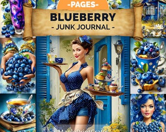 Blueberry Junk Journal Kit 200 Pages Vintage Blue Ephemera Cottagecore Food (Digital Download)