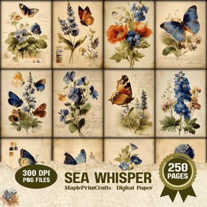 May include: A digital paper collection featuring twelve vintage-style panels with botanical illustrations of blue, orange, and yellow butterflies and various flowers on aged parchment backgrounds. Text includes 300 DPI PNG FILES, SEA WHISPER, and 250 PAGES.