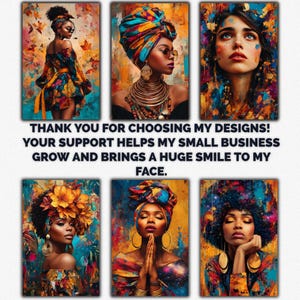 May include: Six vibrant digital art prints featuring portraits of individuals with diverse headwear and colorful, abstract backgrounds. The text reads: THANK YOU FOR CHOOSING MY DESIGNS! YOUR SUPPORT HELPS MY SMALL BUSINESS GROW AND BRINGS A HUGE SMILE TO MY FACE.