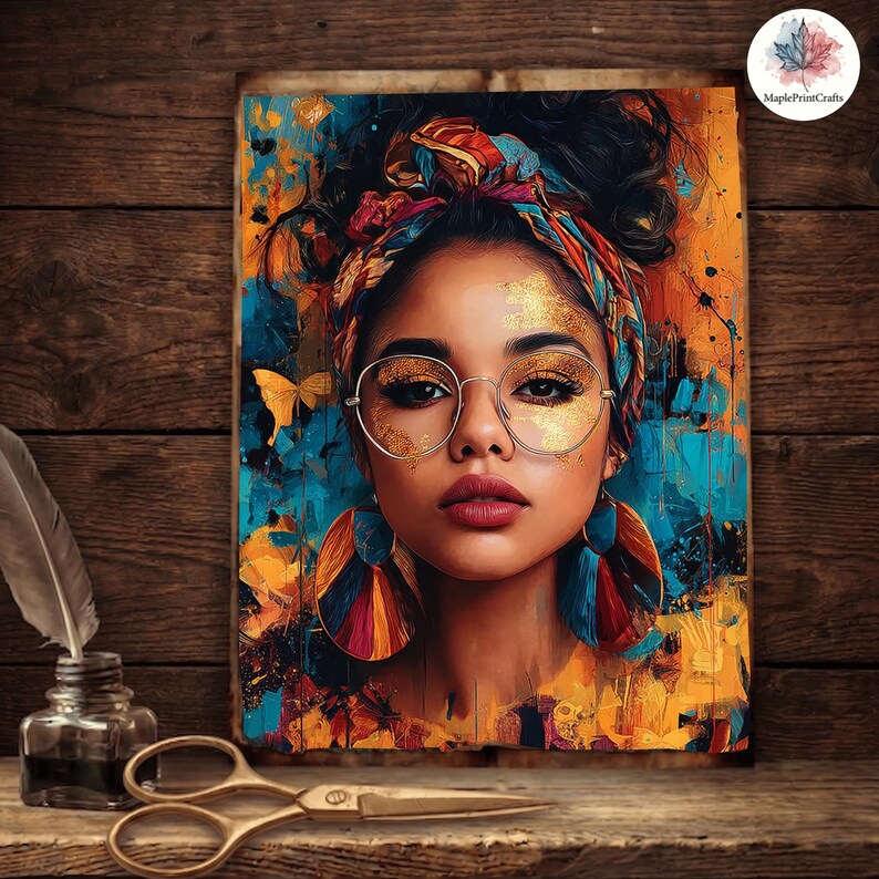 May include: A rectangular wall art print featuring a portrait of a person with dark hair wrapped in a colorful patterned headscarf, wearing round gold-rimmed glasses and large dangling earrings. The background is an abstract mix of blue and orange paint.