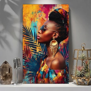 May include: A rectangular wall art print featuring a side profile of a person with dark skin wearing large gold fan-shaped earrings, dark sunglasses, and a patterned headwrap. The background displays vibrant abstract brushstrokes of yellow, orange, and blue with palm leaf silhouettes.