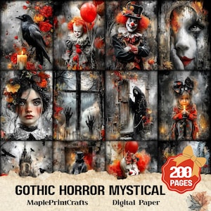 Gothic Horror Junk Journal Pages, Vintage Mystical Ephemera Pack, Dark Circus Clown Spooky Raven Creepy Scrapbook Paper(Digital Download)