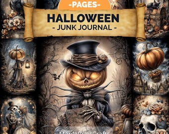 Vintage Halloween Junk Journal Pages Spooky Pumpkin Skeleton Gothic Ephemera (Digital Download)
