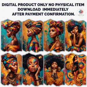 May include: A digital collection of eight artistic portraits featuring individuals with diverse hairstyles and vibrant clothing. The text at the top reads: DIGITAL PRODUCT ONLY NO PHYSICAL ITEM DOWNLOAD IMMEDIATELY AFTER PAYMENT CONFIRMATION.