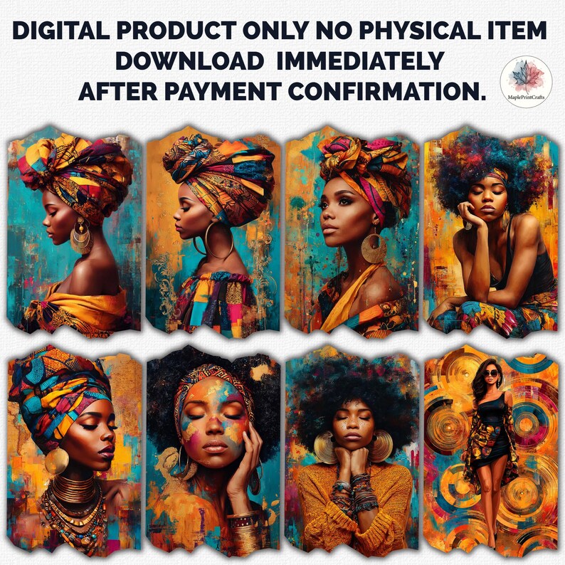 May include: A digital collection of eight artistic portraits featuring individuals with diverse hairstyles and vibrant clothing. The text at the top reads: DIGITAL PRODUCT ONLY NO PHYSICAL ITEM DOWNLOAD IMMEDIATELY AFTER PAYMENT CONFIRMATION.