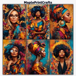 May include: A digital art collage titled MaplePrintCrafts featuring six distinct portraits of individuals with vibrant, abstract, and colorful backgrounds. The subjects wear elaborate headwraps, glasses, and large earrings in a variety of artistic styles.