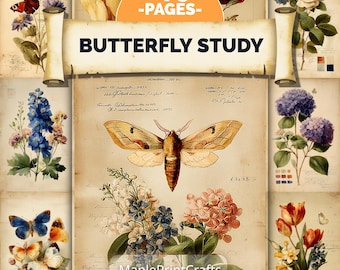 Vintage Butterfly Study Junk Journal Kit Botanical Ephemera Field Guide Pages (Digital Download)