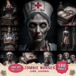 May include: A digital collection of 180 pages of zombie nurse themed junk journal graphics, featuring illustrations of undead nurses in blood-stained uniforms, vintage medical equipment, old books, and rotary phones, all presented in 300 DPI PNG files.