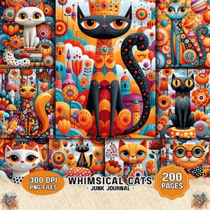 Whimsical Cats Junk Journal Kit 200 sidor färgglad katt-ephemera utskrivbar klippbok (digital nedladdning)