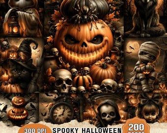 Könnte beinhalten: Eine digitale Collage mit Halloween-Illustrationen, darunter ein leuchtender Kürbis, Totenköpfe, ein Geist mit Laterne, eine schwarze Katze mit Hexenhut, ein Wolf, eine Mumie und eine Uhr. Text: 300 DPI PNG FILES SPOOKY HALLOWEEN JUNK JOURNAL 200 PAGES.