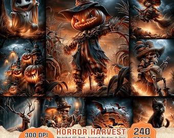 Könnte beinhalten: Eine digitale Sammlung mit dem Titel Horror Harvest Junk Journal mit 240 Seiten und 300 DPI PNG-Dateien. Die Bilder zeigen einen Geist, eine Vogelscheuche mit Kürbiskopf, eine Hexe, ein Skelett mit Banjo, einen Hirsch, Fledermäuse und eine schwarze Katze.