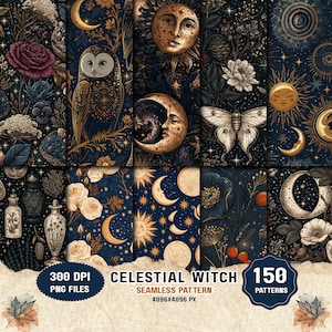 Pode incluir: Uma coleção digital de 150 padrões sem costura com motivos celestiais e botânicos, incluindo corujas, mariposas, sóis, luas, rosas e frascos de boticário em tons de azul escuro, dourado e creme com o texto CELESTIAL WITCH.
