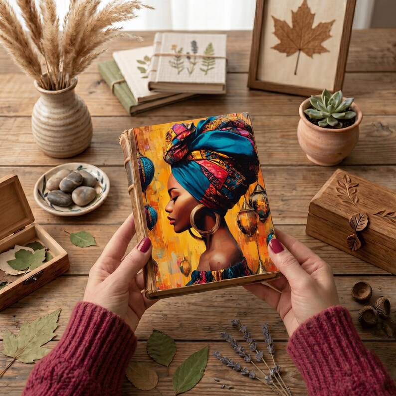 May include: A hardcover journal featuring a vibrant illustration of a person wearing a colorful headwrap and large hoop earrings against a yellow background. The journal is held by two hands wearing maroon sleeves, set against a rustic wooden surface.