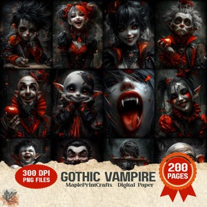 Puede incluir: Una colección digital de ilustraciones de vampiros góticos con varios personajes en rojo y negro, incluyendo vampiros con colmillos, payasos y criaturas. El texto dice 300 DPI PNG FILES, GOTHIC VAMPIRE, MaplePrintCrafts Digital Paper, 200 PAGES.