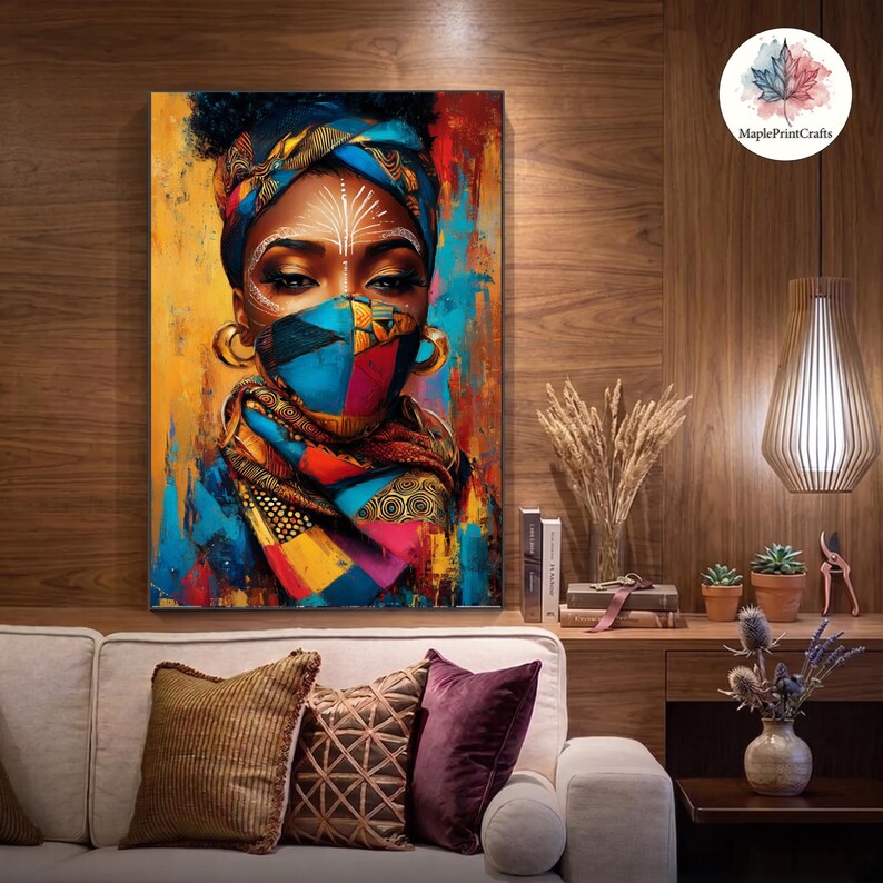 May include: A rectangular wall art print featuring a portrait of a person wearing a vibrant, multi-colored headwrap and a matching face mask. The artwork uses bold shades of yellow, blue, red, and orange with intricate patterns and white facial markings.