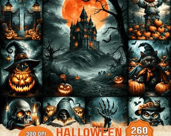 Könnte beinhalten: Eine digitale Sammlung von Halloween-Grafiken mit einem Spukschloss, einer Kürbis-Vogelscheuche, einem Kürbiskopf, einer schwarzen Katze, einem Totenkopf, einer Kapuzenfigur, einer Skeletthand und einer Eule. Der Text enthält HALLOWEEN, 300 DPI PNG.