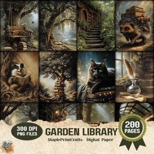 Garden Library Junk Journal Kit 200 Pages Woodland Animal Library Ephemera (Digital Download)