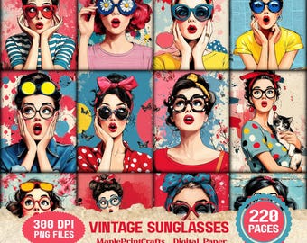 Retro Portraits Junk Journal Kit Funky Sunglasses Digital Paper Fashion Ephemera (Digital Download)