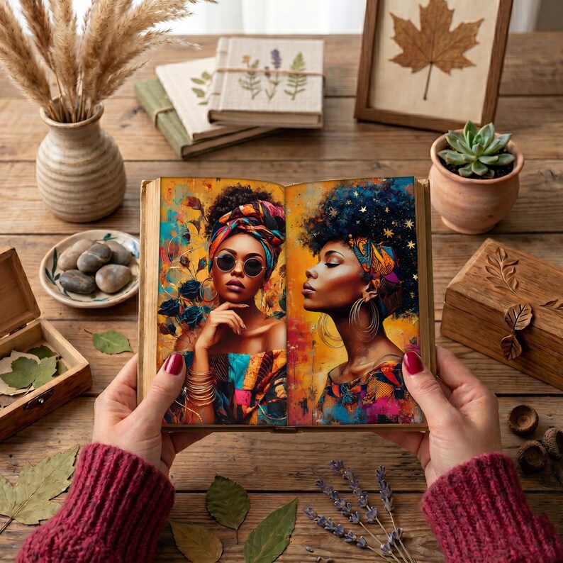 May include: An open book held by hands in a maroon sweater, displaying two vibrant illustrations of individuals with dark skin, curly hair, and colorful headwraps. The artwork features warm orange, blue, and yellow tones with floral motifs.