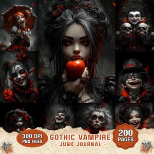 May include: A digital junk journal collection featuring gothic vampire illustrations with red and black color schemes. The set includes 200 pages and 300 DPI PNG files, showcasing various vampire characters, skulls, and dark fantasy imagery.