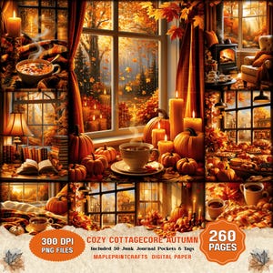 May include: A digital collage featuring autumn scenes with pumpkins, candles, warm beverages, and cosy interiors. Text includes: COZY COTTAGECORE AUTUMN, 300 DPI PNG FILES, 50 Junk Journal Pockets & Tags, MAPLEPRINTCRAFTS DIGITAL PAPER, 260 PAGES.