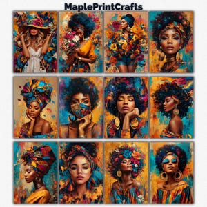 May include: A collage of twelve artistic portraits featuring individuals with diverse hairstyles, vibrant floral patterns, and colorful headwraps, set against abstract, textured backgrounds with the text MaplePrintCrafts at the top.