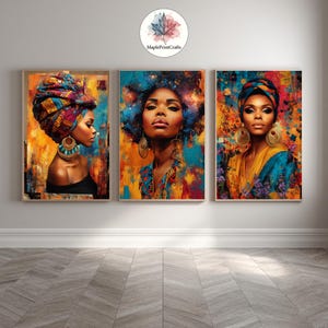 May include: A set of three wall art prints featuring portraits of individuals with dark skin tones. The artwork displays vibrant colors, intricate headwraps, large gold hoop earrings, and abstract backgrounds in shades of blue, orange, and yellow.