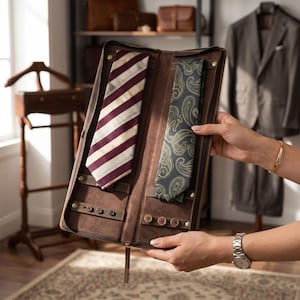 May include: A brown leather travel tie case featuring a zippered closure, holding two neckties. One tie has a burgundy and cream diagonal stripe pattern, while the other features a dark green and gold paisley print. Includes small button storage.