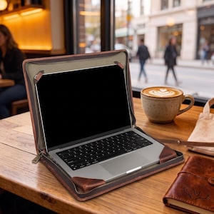 May include: A silver laptop with a black keyboard and trackpad is secured inside a brown leather zippered case. The case features dark brown leather corner straps to hold the device in place, with a matching zipper closure and a tan interior lining.