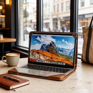 May include: A silver laptop secured in a brown leather protective case with corner straps. The screen displays a mountain landscape with a blue sky. A brown leather notebook with a silver pen and a ceramic mug are placed on the table nearby.