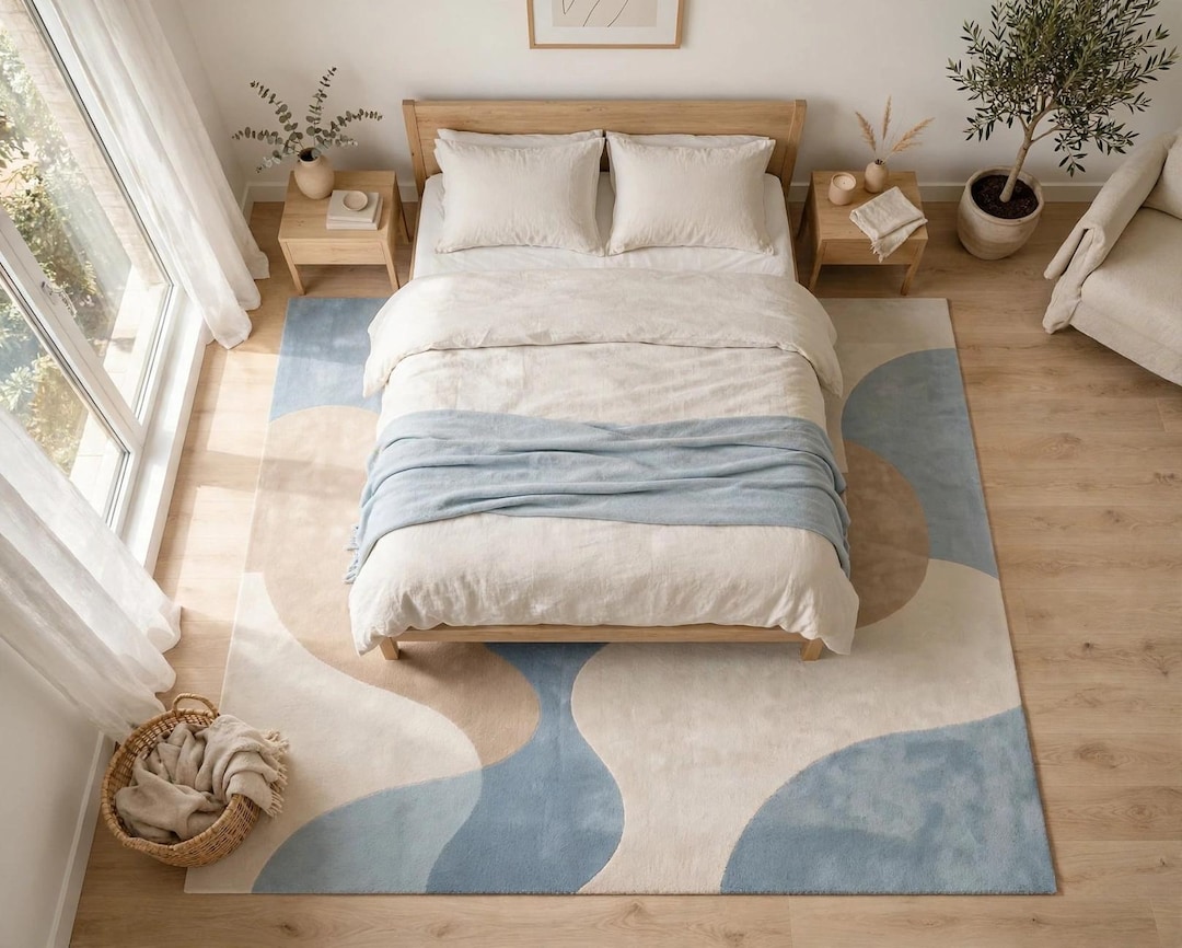 Hand Tufted Wool Area Rug, Modern Abstract Blue Beige Ivory Carpet Rug ...