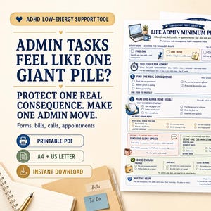 Może przedstawiać: Drukowalne narzędzie wspierające przy ADHD o niskim poziomie energii, zatytułowane Life Admin Minimum Plan. Dokument zawiera sekcje do identyfikacji jednej rzeczywistej konsekwencji, wykonania jednego kroku administracyjnego i wysyłania aktualizacji. Zawiera pola wyboru, ikony i podpowiedzi tekstowe do zarządzania formularzami, rachunkami, telefonami i spotkaniami w formatach A4 i US Letter.