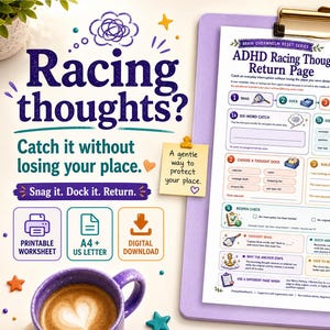Printbare pagina voor het resetten van je focus bij ADHD | Pagina voor volwassenen om terug te keren naar een rustigere omgeving