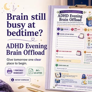 Printbare brainstormoefening voor ADHD-patiënten | Avondwerkblad voor volwassenen om je gedachten te ordenen