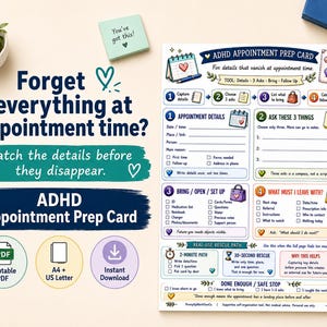 Scheda stampabile per la preparazione agli appuntamenti per pazienti con ADHD / Lista di controllo per la gestione della vita quotidiana per adulti, pianificatore per le visite mediche