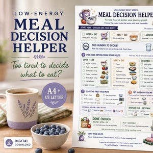 May include: A white paper chart titled Low-Energy Meal Decision Helper with illustrations of food and kitchen items. The document features checklists for meal routes, cleanup, and restocking, designed to assist with food choices when tired.