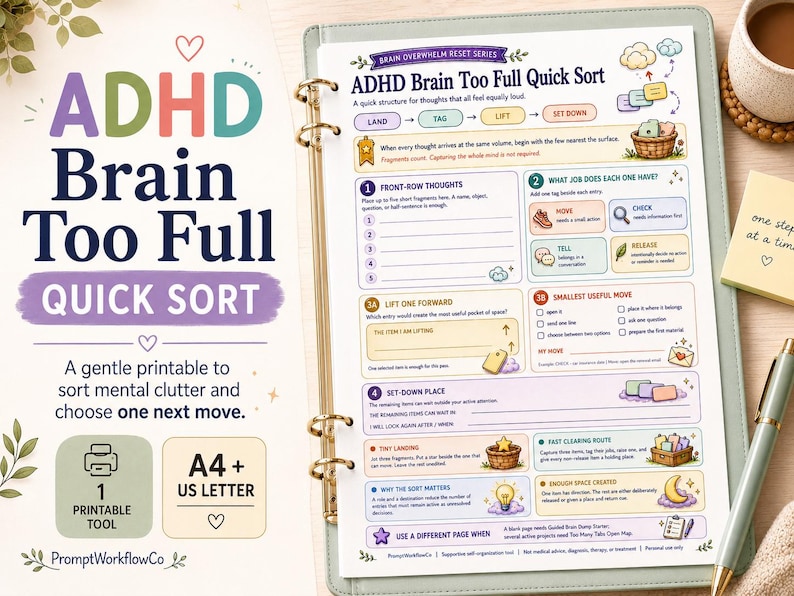 Op de afbeelding: Een printbaar ADHD Brain Too Full Quick Sort werkblad in een map. Het document bevat secties voor directe gedachten, taakcategorisatie, nuttige stappen en opbergplaatsen, vormgegeven met pastelkleuren en diverse iconen voor mentale ordening.