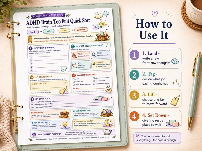 Op de afbeelding: Een geprint werkblad getiteld ADHD Brain Too Full Quick Sort, met een gestructureerde lay-out met genummerde stappen, kleurrijke iconen en tekstinstructies voor het ordenen van gedachten. De pagina zit in een lichtgroene map naast een pen.