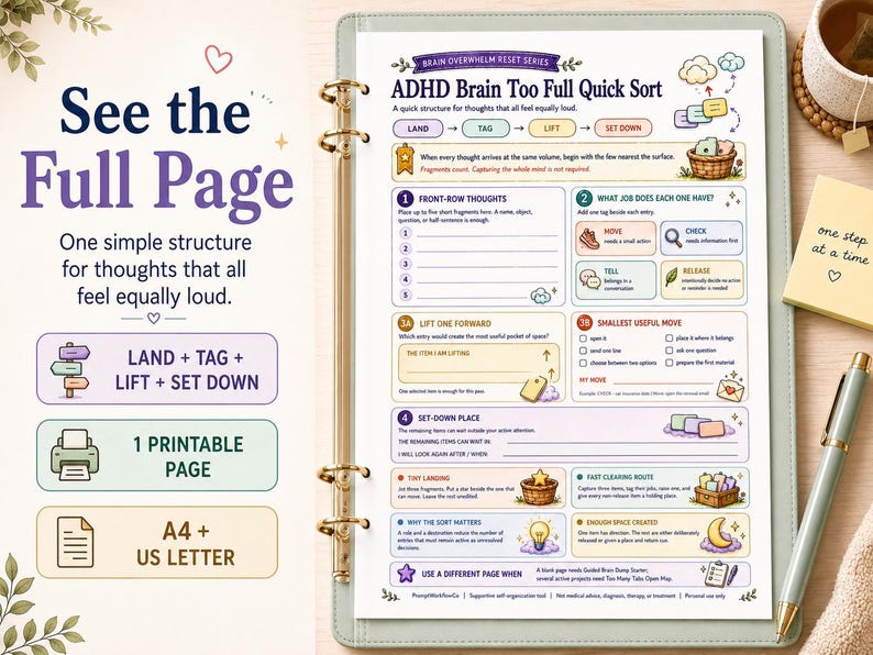 Op de afbeelding: Een printbaar ADHD Brain Too Full Quick Sort werkblad in een map. De pagina bevat secties met de titels Front-Row Thoughts, What Job Does Each One Have, Lift One Forward, Smallest Useful Move en Set-Down Place met kleurrijke iconen en tekst.